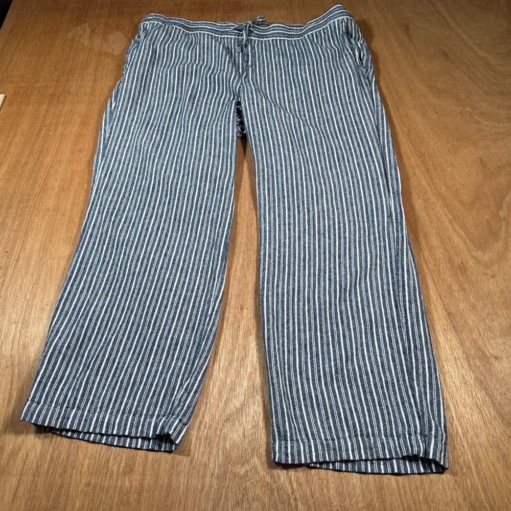 Old Navy Linen Blend Pants Women XL Blue White Striped Wide Leg Drawstring